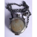 A CHINESE WHITE METAL SNUFF BOTTLE ON CHAIN WITH A JADE INSERT. Bottle 8.3cm x 5.5cm, chain 60cm lo