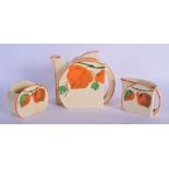 AN ART DECO ENGLISH STAMFORD SHAPE THREE PIECE TEASET painted with flowers. Largest 14 cm x 12 cm. (