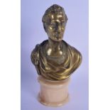 A 19TH CENTURY EUROPEAN BRONZE PORTRAIT BUST OF A CLASSICAL MALE modelled upon a stone base. 21 cm x