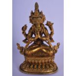 A 19TH CENTURY SINO TIBETAN GILT BRONZE FIGURE OF A BUDDHISTIC DEITY modelled with hands clasped upo