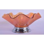 AN ART DECO IRIDESCENT GLASS CARNIVAL STYLE BOWL with chrome base. 16 cm wide.