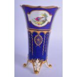 ROYAL CROWN DERBY VASE ON FOUR FEET WITH BLUE AND GREEN GROUND PAINTED WITH A BIRD IN LANDSCAPE BY G