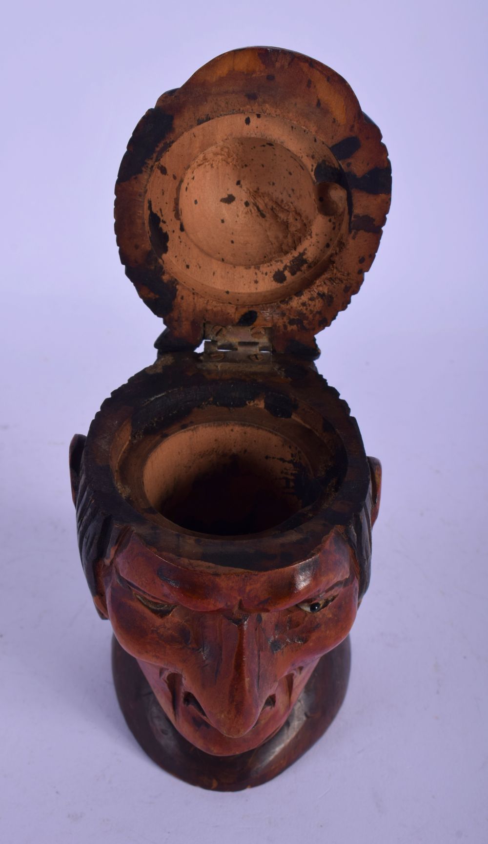 A RARE 19TH CENTURY EUROPEAN CARVED AND PAINTED WOOD INKWELL in the form of a South American tribal - Image 3 of 4