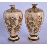 A MINIATURE PAIR OF EARLY 20TH CENTURY JAPANESE MEIJI PERIOD SATSUMA VASES painted with figures. 10.