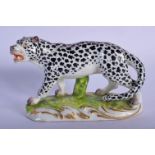 A 19TH CENTURY EUROPEAN PORCELAIN FIGURE OF A SPOTTED BLACK LEOPARD modelled upon a scrolling base,