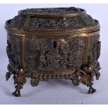 A MID 19TH CENTURY EUROPEAN BRONZE CASKET decorated with figures in landscapes. 14 cm x 13 cm.