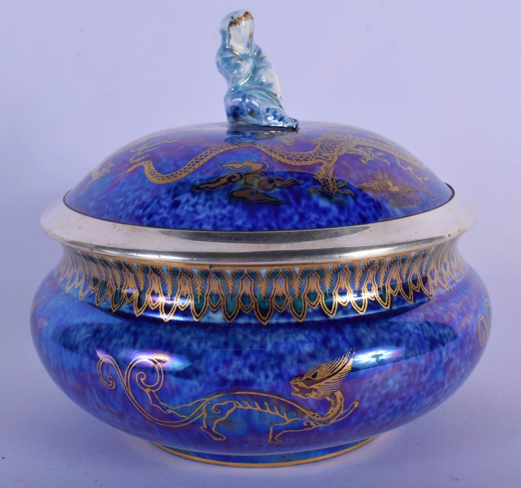 A RARE WEDGWOOD LUSTRE DRAGON BOWL AND COVER with silver mounts. 14 cm x 16 cm.