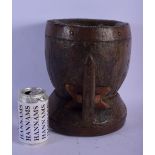 A CHARMING 17TH/18TH CENTURY EUROPEAN IRON MOUNTED WOOD MORTAR possibly German. 26 cm x 17 cm.