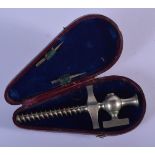 A RARE ANTIQUE EUROPEAN SILVER PLATED CHAMPAGNE CORKSCREW TAP within a leather case. 9.25 cm long.