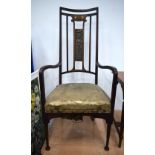 AN UNUSUAL ART NOUVEAU EUROPEAN COPPER INSET SINGLE CHAIR signed C V S, decorated with a portrait of