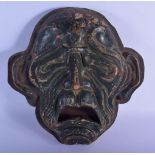 A RARE 19TH CENTURY ITALIAN GREEN TERRACOTTA CARVED WOOD THEATRE MASK modelled howling. 30 cm x 34 c