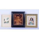 A framed Victorian crystoleum of a female together with two small watercolours 24 x 19cm (3)