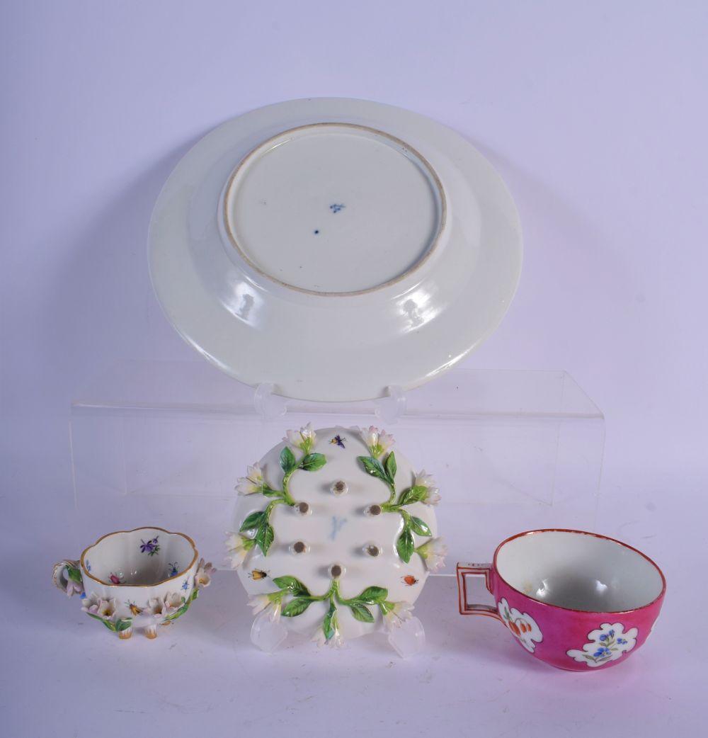 MEISSEN SIX FOOTED FLORAL ENCRUSTED CUP AND SAUCER PAINTED WITH FLOWERS, A MEISSEN TEACUP PAINTED WI - Image 2 of 2