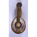 18CT GOLD AND ENAMEL MINIATURE CLOCK IN THE FORM OF A MANDOLIN. 6.3cm x 2.9cm, weight 29.2g