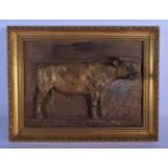 AN ANTIQUE EUROPEAN RAISED MIXED METAL ALLOY PANEL OF A BULL modelled within a landscape. 42 cm x 32