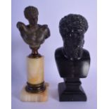 TWO 19TH CENTURY EUROPEAN GRAND TOUR BUSTS OF CLASSICAL MALES After the Antiquity. Largest 17 cm hig