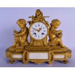 A 19TH CENTURY FRENCH ORMOLU AND MARBLE CLOCK modelled with two children. 36 cm x 30 cm.