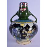 A RARE LATE SHELLEY FOLEY INTARSIO POTTERY TWIN HANDLED VASE printed and painted with theatrical sce