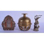 AN ANTIQUE TIBETAN SILVER INLAID COPPER BUDDHISTIC SHRINE COVER together with a bell etc. (3)