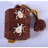 A JAPANESE THREE SECTION INRO IN THE FORM OF A BASKET DECORATED WITH BONE INSECTS . 7.3cm x 5.9cm x