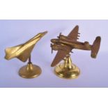 TWO EARLY 20TH CENTURY MILITARY GENTLEMANS POLISHED BRONZE DESK ORNAMENTS formed as planes. 16 cm x