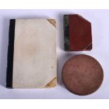 TWO MINIATURE MARBLE BOOKS AND A WAX SEAL BOX. Largest book 9.3cm x 6.4cm x 0.9cm (3)