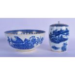 AN 18TH CENTURY CAUGHLEY BLUE AND WHITE TEA CANISTER AND COVER together with a similar slop bowl. La