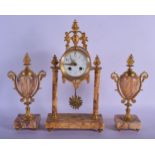 AN EARLY 20TH CENTURY FRENCH MARBLE AND GILT METAL CLOCK GARNITURE with floral dial. Clock 42 cm x 1