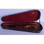 A CASED TWO PIECE BACK VIOLIN with bow. Violin 54 cm long. (2)