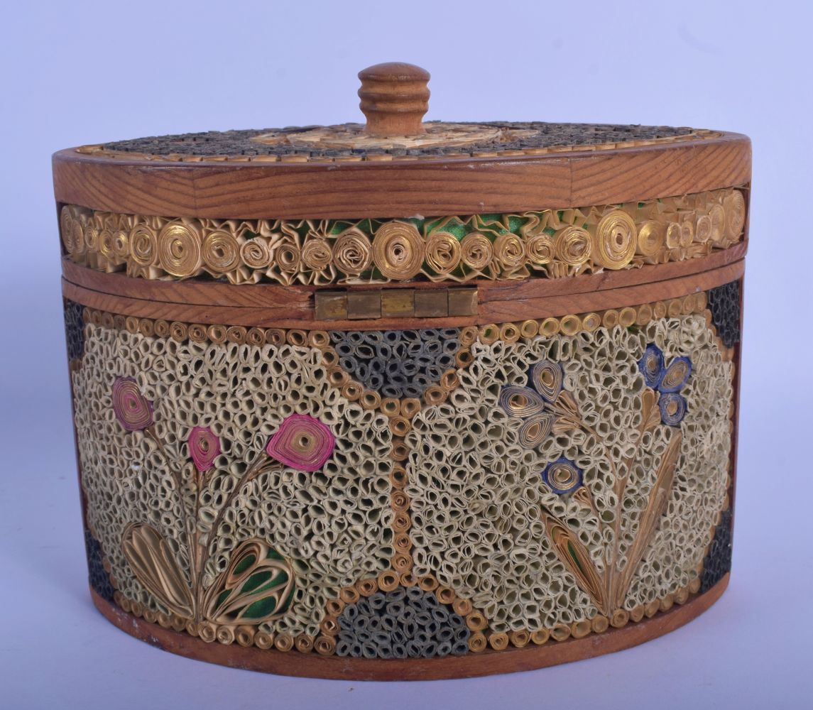 A RARE ANTIQUE ENGLISH ROLLED PAPER OVAL TEA CADDY decorated all over with motifs, internally inset - Image 2 of 5