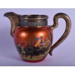 AN ANTIQUE RUSSIAN LACQUERED SILVER JUG painted with scenes of figures on a carriage. 218 grams. 9 c