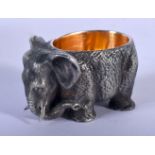 A CONTINENTAL SILVER SALT IN THE FORM OF AN ELEPHANT WITH GILT INTERIOR. 3cm x 4.7cm x 3.3cm, weigh