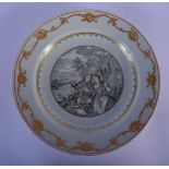 AN 18TH CENTURY CHINESE EXPORT EUROPEAN SUBJECT PORCELAIN DISH Qianlong, painted en grisaille with f