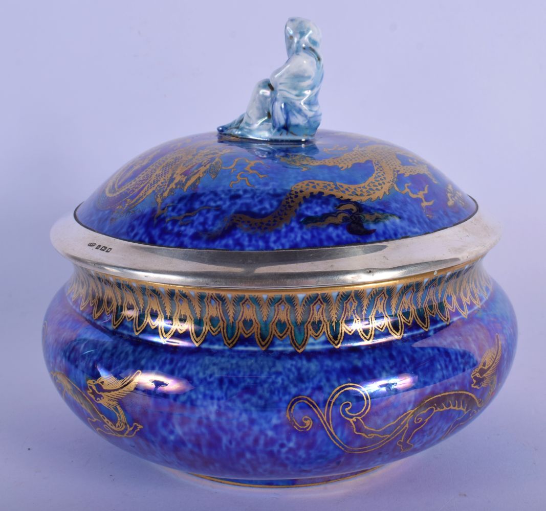A RARE WEDGWOOD LUSTRE DRAGON BOWL AND COVER with silver mounts. 14 cm x 16 cm. - Image 2 of 5