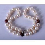 A CULTURED PEARL NECKLACE WITH 18CT GOLD CLASP SET WITH THREE ENAMEL AND DIAMOND BEADS. Length 46cm