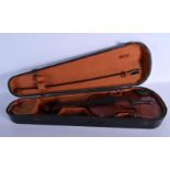 A CASED SINGLE PIECE BACK VIOLIN with bow. Violin 54 cm long. (2)