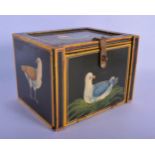 A RARE EARLY 20TH CENTURY INDIAN PAINTED WOOD TABLE CABINET painted with birds. 18 cm x 14 cm.
