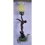 AN ART DECO SPELTER FIGURAL TABLE LAMP modelled as a nude female. 60 cm high.