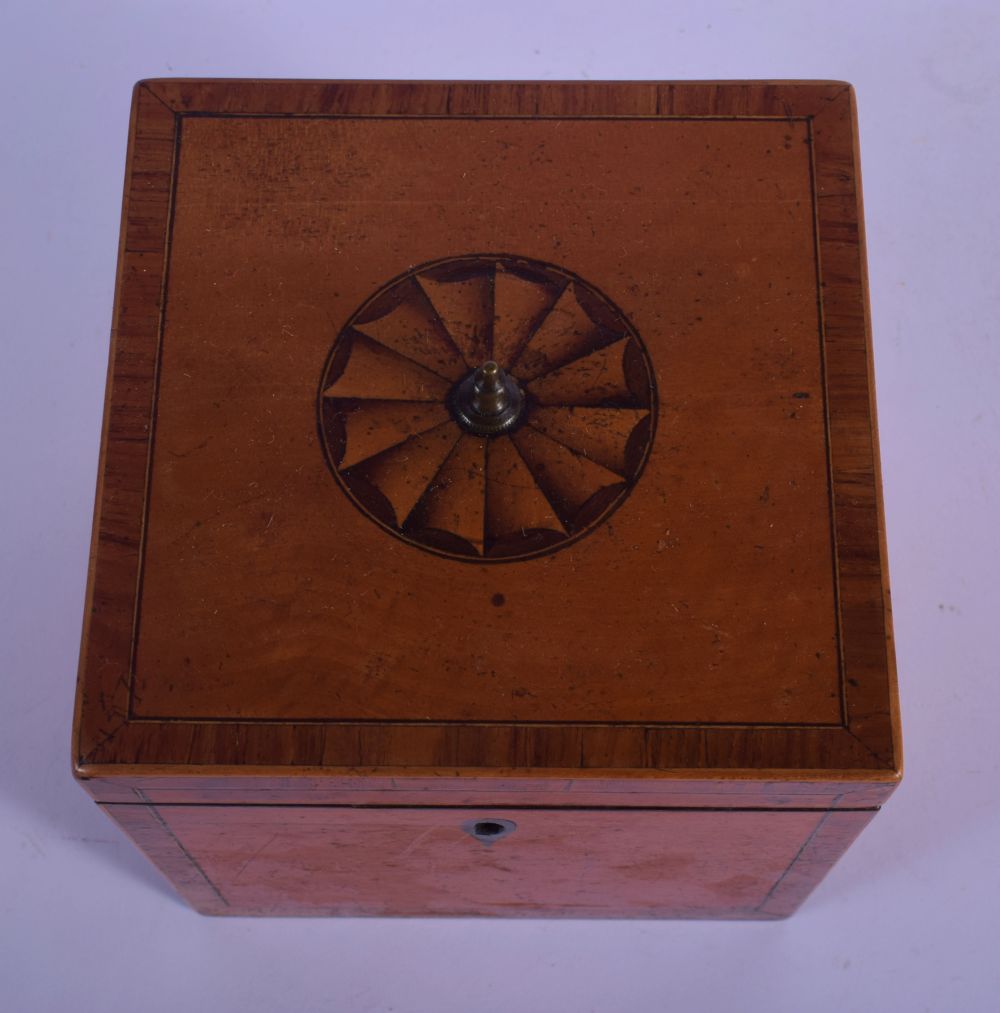 A GEORGE III MAHOGANY SQUARE FORM TEA CADDY decorated with a central shell form motif. 13 cm x 13 cm - Image 3 of 5