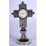 CONTINENTAL SILVER CLOCK IN THE FORM OF A CROSS WITH ORTHODOX DECORATIONS. 14.5cm high, 7.5cm wide,