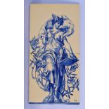 A GOOD ARTS AND CRAFTS POTTERY TILE painted with a version of Mercury by Hall. 40 cm x 20 cm.