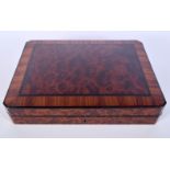 A Walnut Burr games box containing chess and drafts pieces 30 x 23 cm (57).