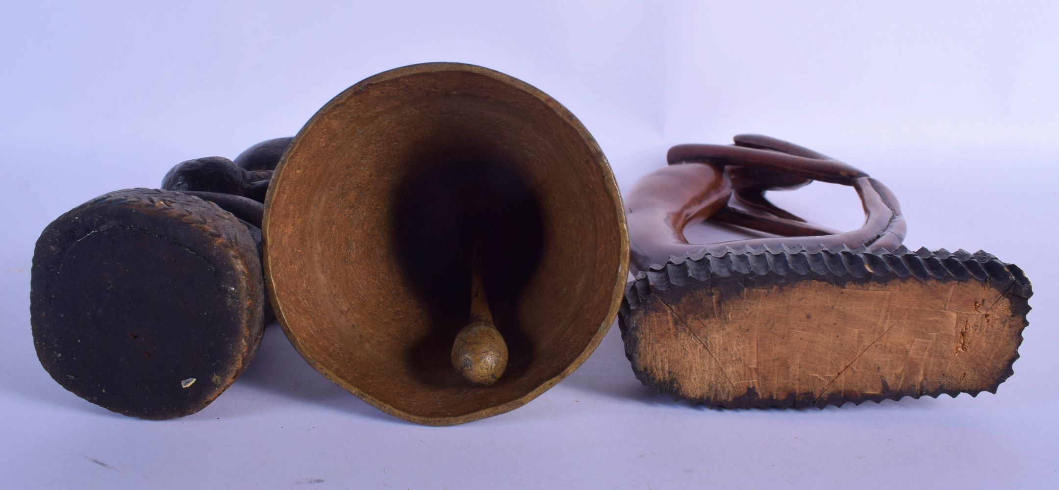 AN EARLY 20TH CENTURY AFRICAN TRIBAL CARVED WOOD FERTILITY FIGURE together with a bronze bell etc. L - Image 3 of 3