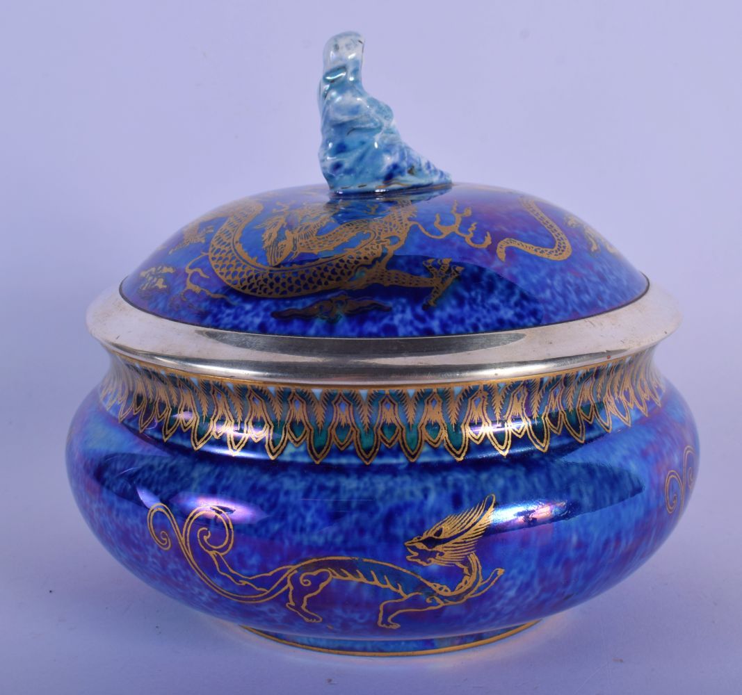 A RARE WEDGWOOD LUSTRE DRAGON BOWL AND COVER with silver mounts. 14 cm x 16 cm. - Image 3 of 5