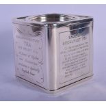A LOVELY NOVELTY ENGLISH TEA SILVER TEA BAG CONTAINER engraved with assorted script. 241 grams. 8 cm
