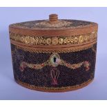 A RARE ANTIQUE ENGLISH ROLLED PAPER OVAL TEA CADDY decorated all over with motifs, internally inset