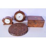 A small inlaid walnut mantle clock together with a Burr Walnut needlework box, barometer and a woode