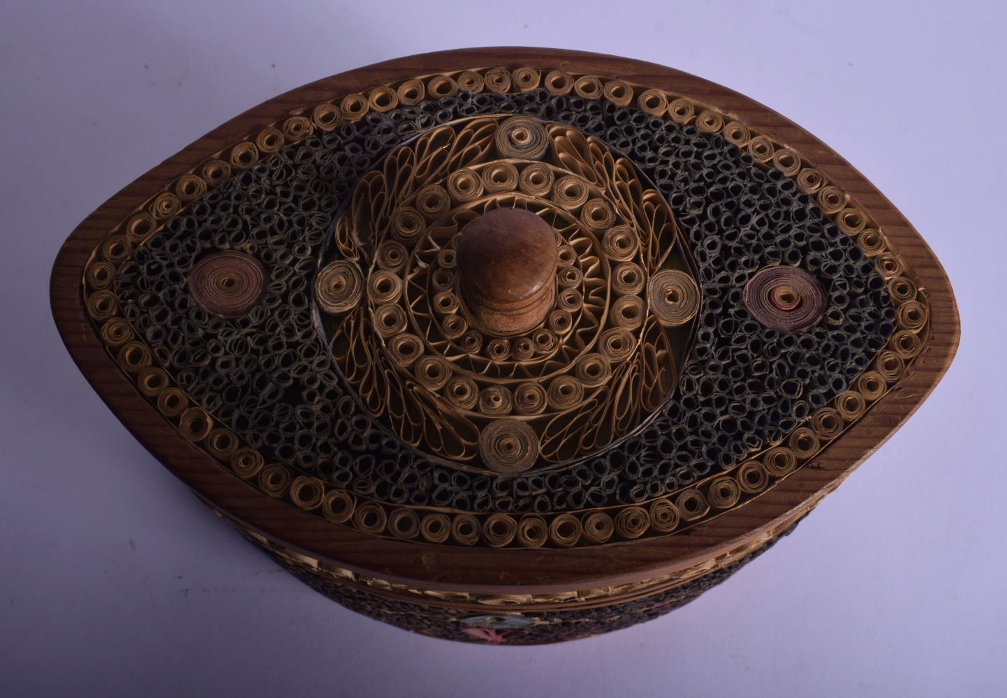 A RARE ANTIQUE ENGLISH ROLLED PAPER OVAL TEA CADDY decorated all over with motifs, internally inset - Image 3 of 5