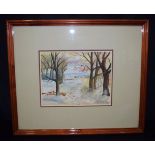 A framed watercolour "Winter scene" by N Herwig . 22 x 28cm.