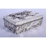 AN ORIENTAL WHITE METAL BOX WITH AN EMBOSSED DRAGON DESIGN. WOODEN LINER. 9.5cm X 7.2cm X 3.3cm,